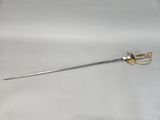 an antique silver plated sword with a gold handle on a white background