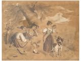 painting of a group of people and a dog in a field