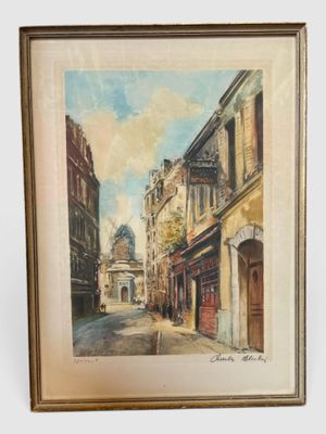 an oil painting of a street scene with buildings and a person walking down the street