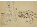 an ink drawing of a woman and two children in front of a pine tree