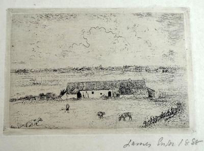 a drawing of a farm in the middle of a field
