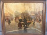 painting of a street scene with people and a horse drawn carriage