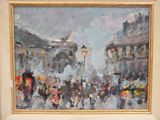 une peinture de personnes marchant dans la rue avec des parapluies