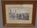 painting of a group of men riding horses in a wooded area