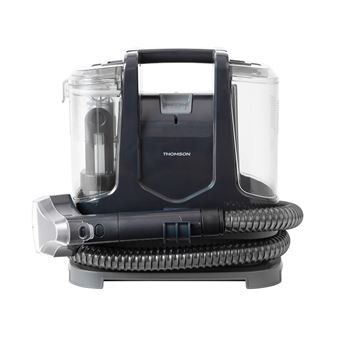 un aspirateur noir et argenté sur fond blanc