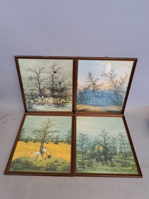 three paintings of horses in a field with trees in the background