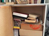 a cat that is sitting on the floor next to a book shelf