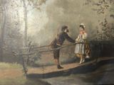 a painting of a man and a woman on a bridge