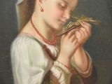 painting of a young girl holding a bird in her hand