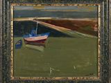 une peinture à l'huile représentant un bateau sur l'eau dans un champ