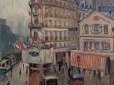 une peinture à l'huile représentant une scène de rue en ville, avec des personnages et des bâtiments