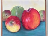 painting of three apples and two green apples on a blue surface