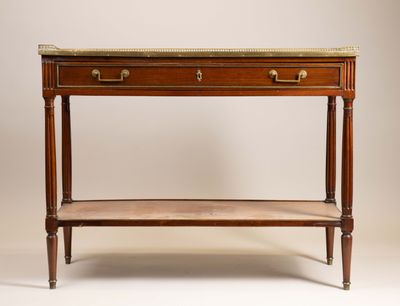 une table en bois avec un plateau en marbre et deux tiroirs