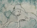 drawing of a woman laying on her stomach with an elephant
