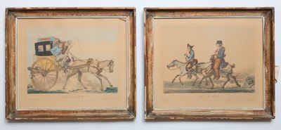 two framed pictures of a couple of people riding on a horse drawn carriage
