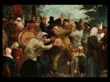 painting of a group of people standing around a man holding a drum