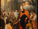 an old painting of a man dressed in a priest ' s robes with a crowd of people