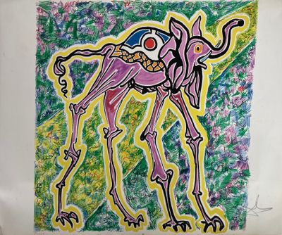 peinture représentant une girafe dont le corps est orné d'un motif coloré