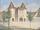 une peinture représentant un château avec une horloge sur la tour