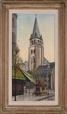 tableau représentant une église avec un clocher au cœur d'une ville