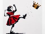 an image of a drawing of a girl in a red dress kicking a ball