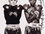 two black and white photos of two men with boxing gloves