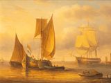 a painting of a group of sailboats in the water