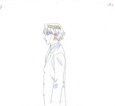 dessin représentant un homme en costume-cravate debout devant un mur blanc