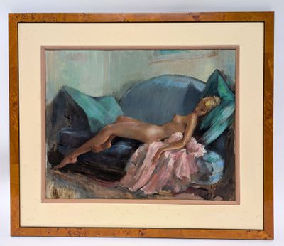 painting of a nude woman laying on a couch in a room