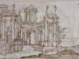 an image of a drawing of a building with a staircase