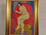 un tableau représentant une femme assise sur une chaise rouge