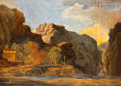 une image d'une peinture représentant une scène de montagne avec une rivière au premier plan