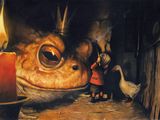 a painting of a frog with a crown on it ' s head next to a candle