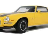 the yellow chevrolet camaro is parked on a white surface