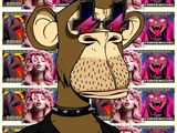 a cartoon monkey wearing sunglasses and a black shirt in front of a wall of pink hair