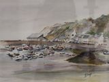 une aquarelle représentant un port avec des bateaux sur l'eau