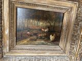 a picture of a painting of chickens in a wooded area