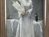 painting of a woman in a white dress holding a bottle of wine