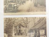 two black and white photos of old cars parked on a dirt road