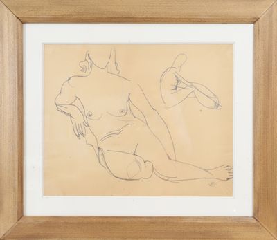 an image of a drawing of two nudes in a wooden frame