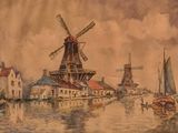 tableau représentant un moulin à vent dans un village, avec des bateaux au premier plan