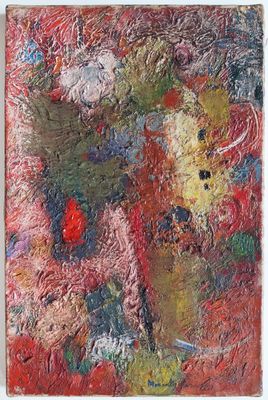 painting of a vase of flowers on a table with a red background