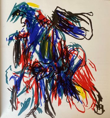 a picture of a drawing of a person on a horse