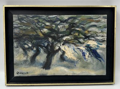 an oil painting of a tree with clothes hanging from it ' s branches