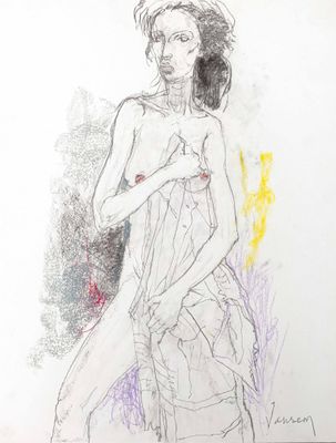 drawing of a woman in a dress with a hat and a purse