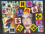 a picture of a picture of a woman surrounded by playing cards