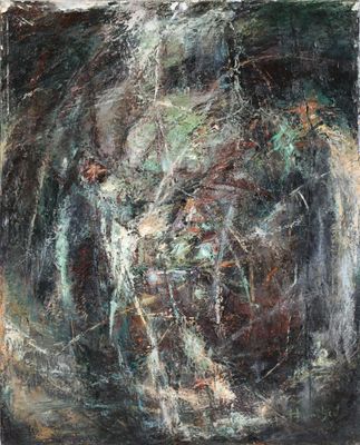 an abstract painting of a vase of flowers in a vase