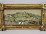 an old picture of a painting of a landscape with a mountain in the background