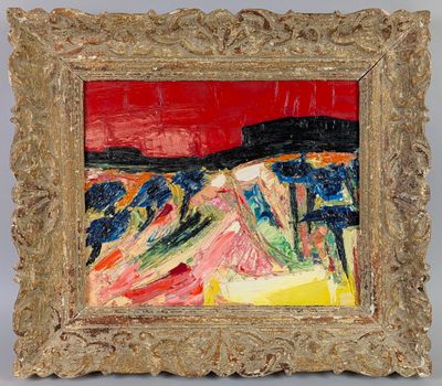 an oil painting of a landscape with a red sky in the background