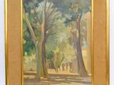 une peinture à l'huile représentant des arbres dans un parc avec un bâtiment à l'arrière-plan